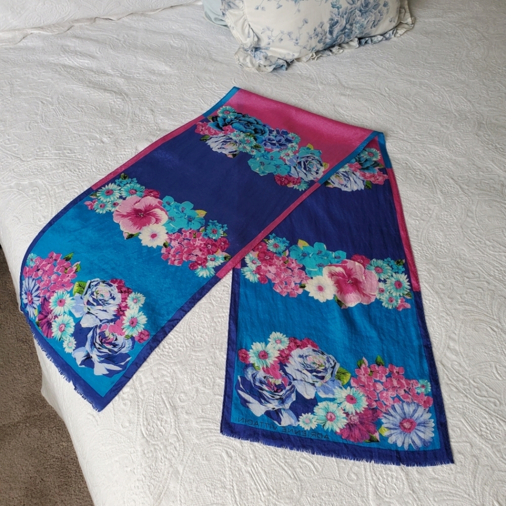 Adrienne Vittadini Floral Blue & Pink Silk Scarf